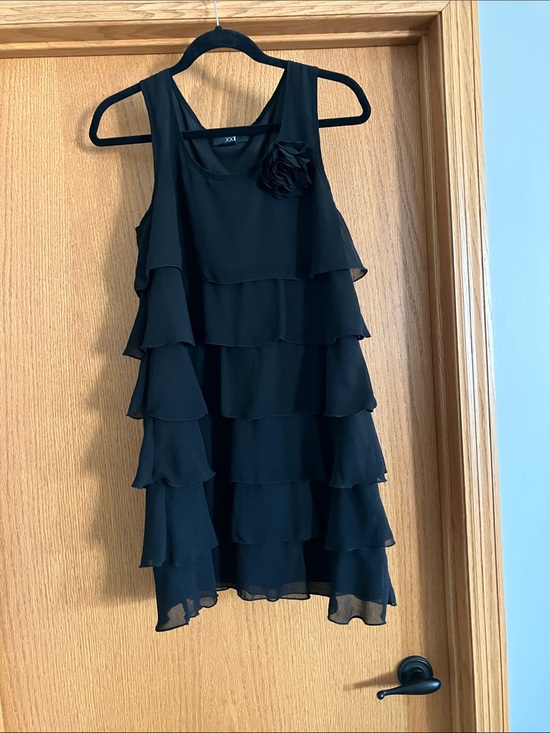 XXI Dresses & Skirts - Forever 21 Black Tiered Ruffle Mini Dress with Rosette